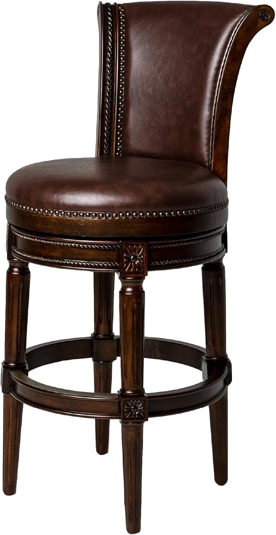 Maven Lane Pullman Bar Stool 31 Inch Swivel Stool with Footrest Dark Brown Solid Wood Frame & Brown Faux Leather Upholstery Perfect for Bars, Pub Tables & Tall Kitchen Counters