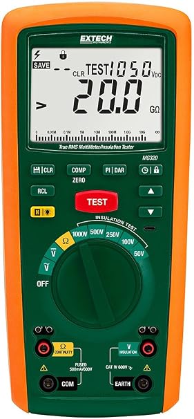 Extech MG320 CAT IV Insulation Tester and True RMS Multimeter 1000V Digital Insulation Resistance, AC/DC Voltage, Continuity, Auto-Ranging, Backlit LCD, Safety Rated Professional Electrical Meter