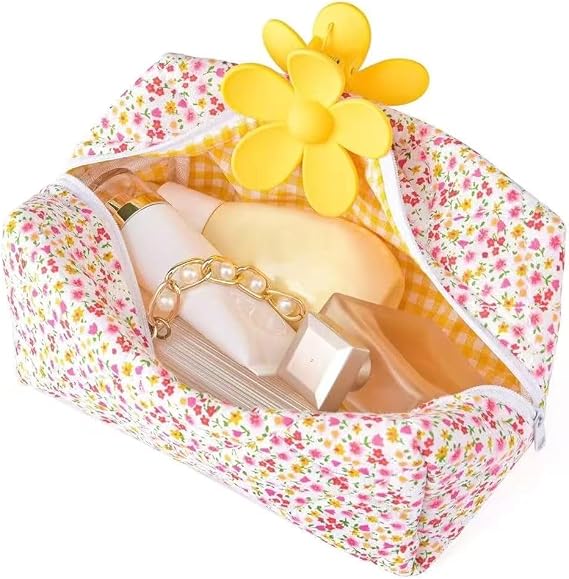 Puffy Coquette Floral Quilted Makeup Bag - Large Fashionable Travel Pouch, Cute Pink