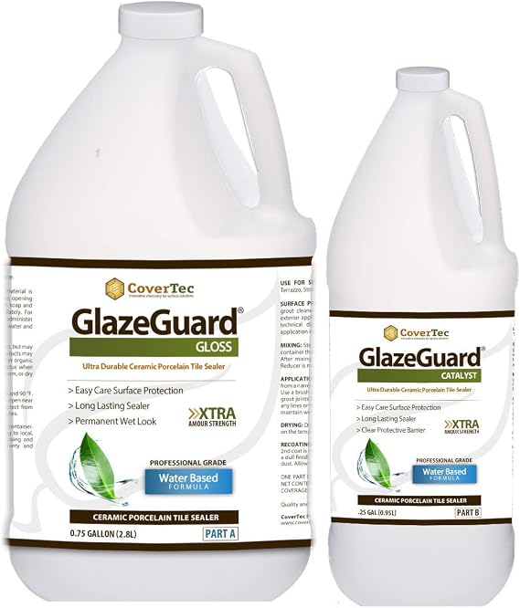 CoverTec GlazeGuard High Gloss Tile & Grout Sealer Kit, Wet Look Shower, Floor & Wall Sealer for Ceramic & Porcelain Tile, Natural Stone, 2-Part A+B, Makes 1 Gallon