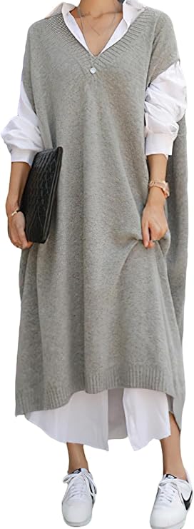 chouyatou Women's 2025 Sleeveless Midi Long Knitted Sweater Dress Casual Loose V-Neck Sweater Vest Dress