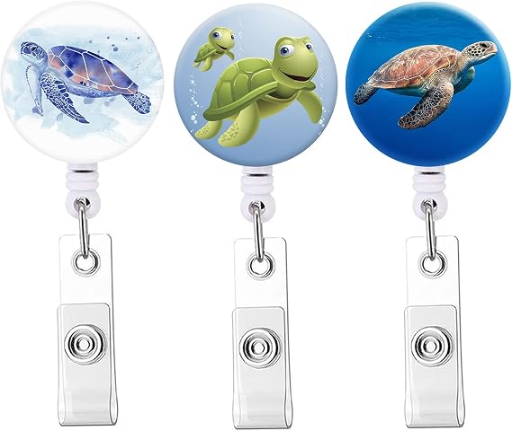 Knocyesnt Badge Reel Cute Pattern Retractable Badge Holder with Alligator Clip, Nurse Name Decorative Badge Clip on ID Card Holders (3Pack Cute Turtle A)