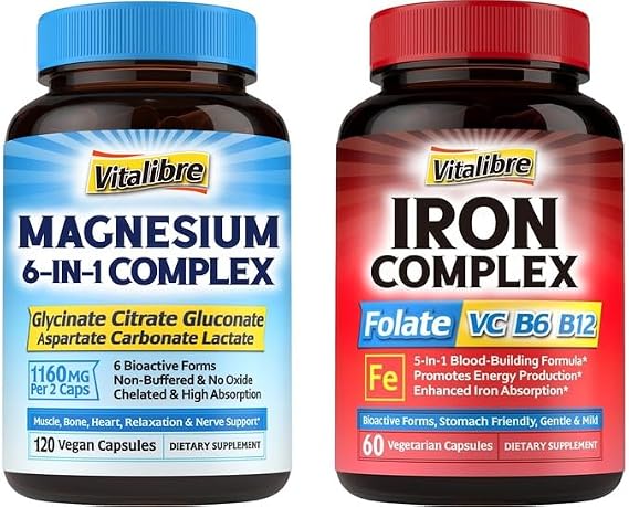 Vitalibre Iron Complex Supplement 60 Capsules & 6 in 1 Magnesium Complex Supplement 120 Capsules, Non-GMO, Gluten Free