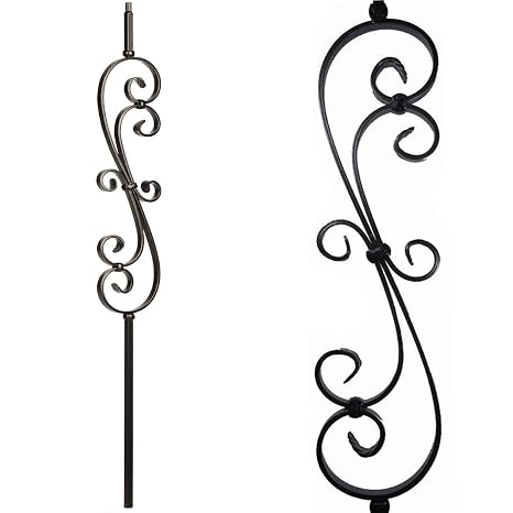 Skinny Scroll Iron Balusters (Contractor Pack of 5) Staircase Metal Spindles (Real Satin Black not Matte or Flat Color) 1/2" x 44" Tall