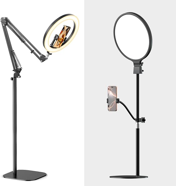 (Product A) 10 Ring Light Overhead with Floor Stand and (Product B) 2300Lumens 10 Full Screen Ring Light for Computer with Flexible Phone Holder