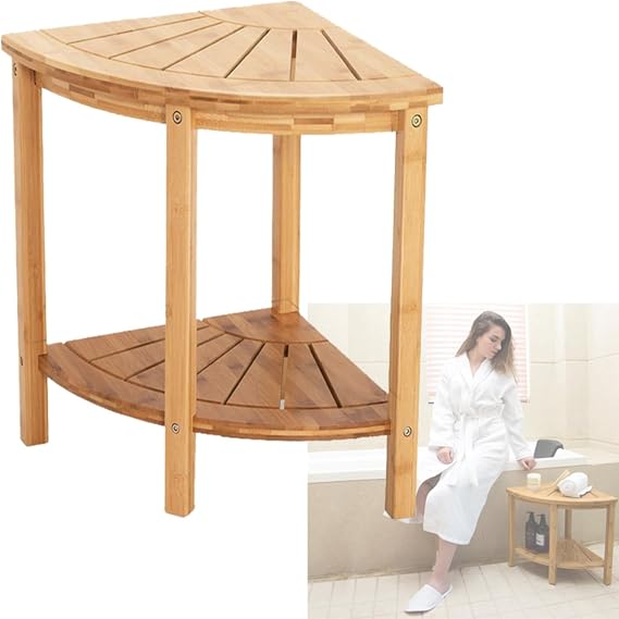 GJXJY Corner Shower Stool Seat, Small Floor Bathroom Corner Shelf Stand, Waterproof Wood 2-Tier Spa Bath Organizer Stool, Multi-Purpose Storage Rack For Bathroom, Kitchen, Office, Makeup