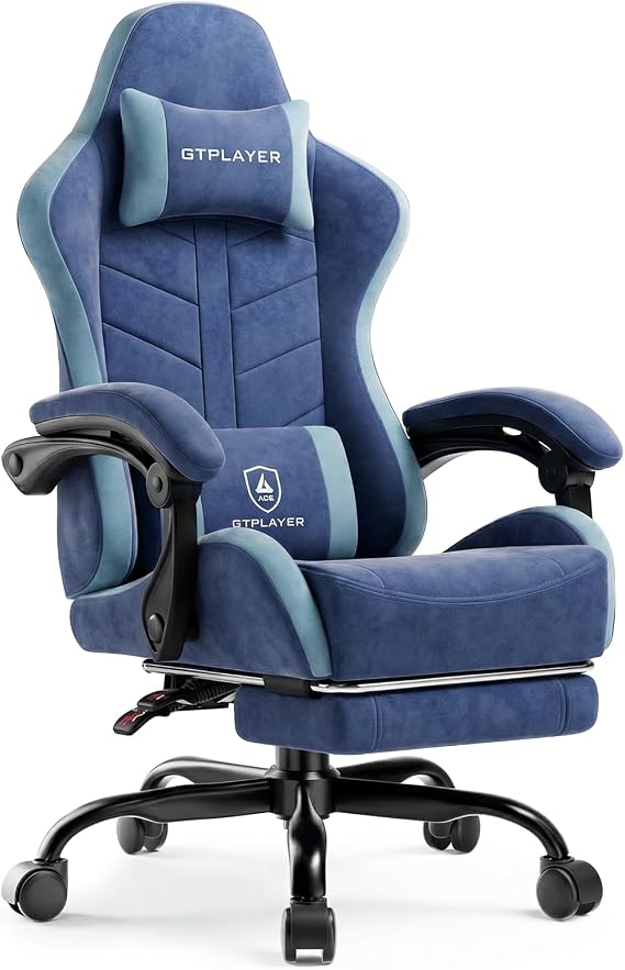 GTPLAYER Gaming Chair for Adults, Ergonomic Computer Gaming Chair with Footrest, Height Adjustable, 90-155 Recline & Removable Headrest Lumbar Support, Blue