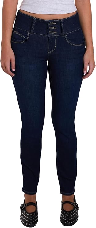 YMI Women's YMI Women's Junior Mid-Rise Wannabettabutt 3-Button Recycled Fibers Skinny Jeans