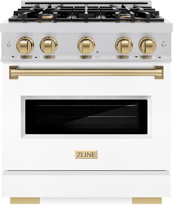 ZLINE Autograph Edition 30 in. 4.2 cu. ft. Classic Gas Range with 4 Burner Cooktop and Convection Gas Oven in Stainless Steel with White Matte Door and Champagne Bronze Accents (CGRZ-WM-30-CB)