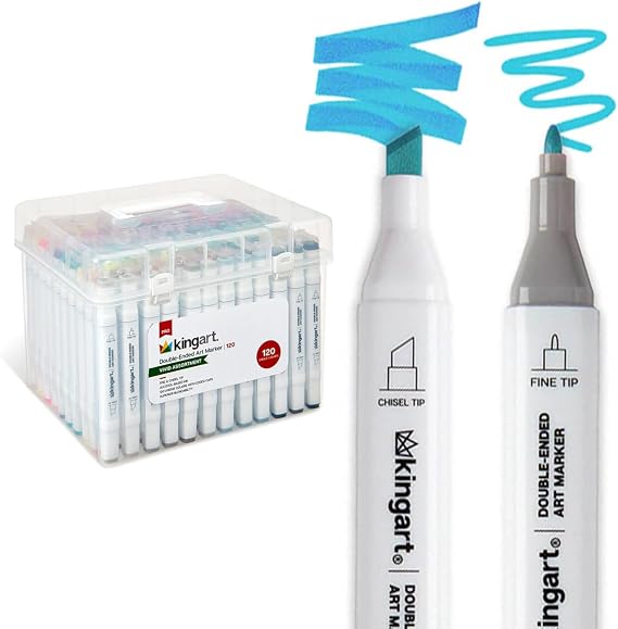 KINGART PRO Double-Ended Alcohol Ink Art Markers, 120 COLORS, Fine Point & Chisel Tips, Permanent with Superior Blendability, Includes Plastic Case. 120 Pc.