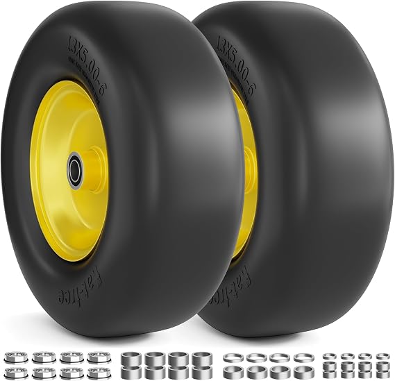 RONPOW 13x5.00-6 Flat Free Lawn Mower Tire and Wheel, Yellow 2-Pack