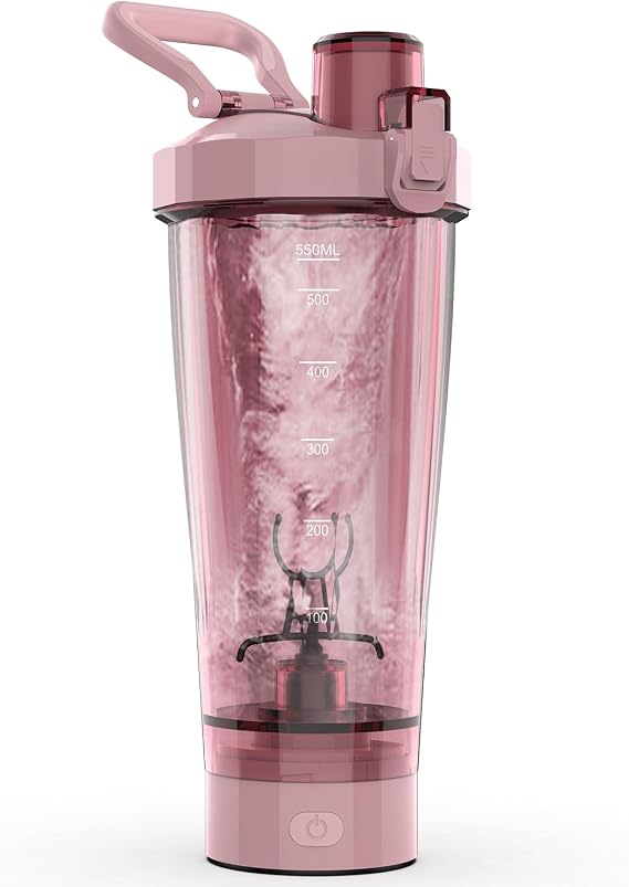 Electric Shaker Bottle, 20 oz Rechargeable Shaker Cup for Protein Mixes and Pre Workout, Portable Gym Protein Blender for Meal Replacement Shakes | Leak-Proof w/Handle | BPA Free (Pink)