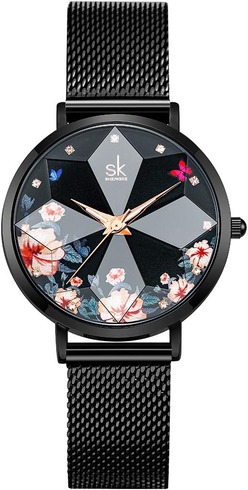 SHENGKE Creative Starry Sky Women Watch with Stainless Steel Mesh Band Genuine Leather Elegant Floral Women Watches