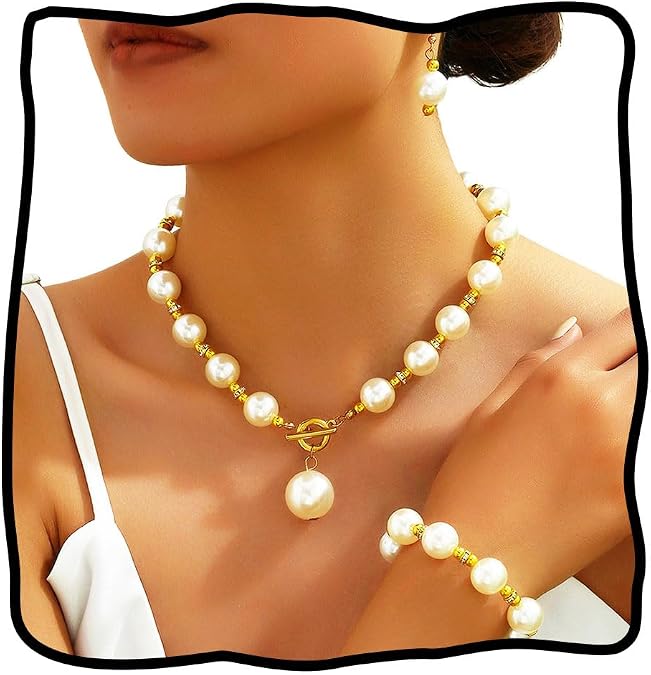 JEAIRTS Chunky Pearl Jewelry Set Gold Bridal Pearls Necklace for Women