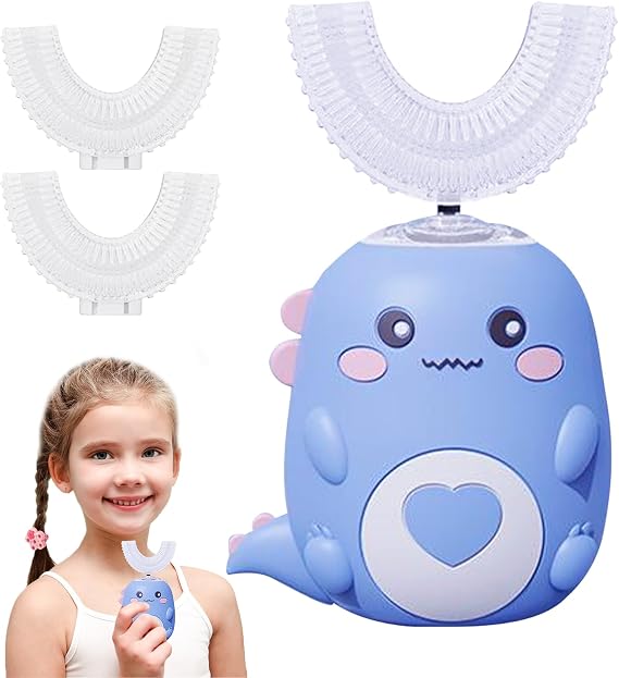 Kids Electric Toothbrush, 360° Kids Ultrasonic Toothbrush with 2 U Shaped Silicone Brush Heads, Smart Timer & 2-Speed Adjustment, Dinosaur Toothbrush for Children 2-12 Year (Blue 2-6 yrs)
