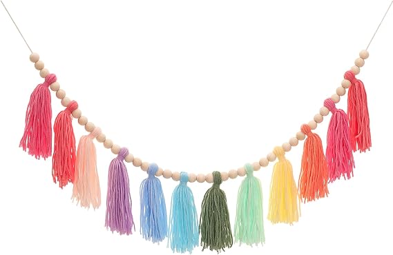 Colorful Tassel Garland Yarn Bunting Banner with Wood Bead | for Kids Nursery Room Bedroom Wall Hanging Decor Birthday Party Baby Shower Wedding Decor