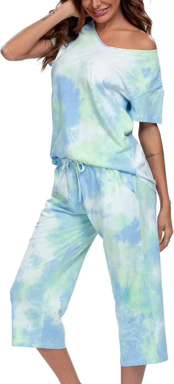 ENJOYNIGHT Women Tie Dye Pajama Set Short Sleeve Top with Capri Pants Pjs