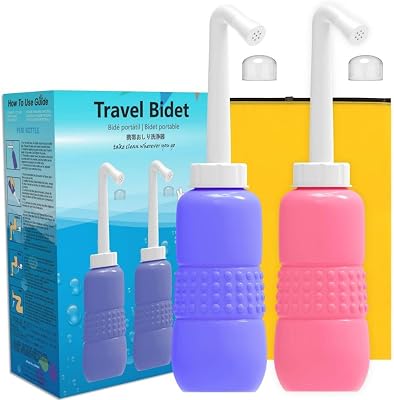 Upside Down Peri Bottle for Postpartum Care, Portable Bidet Bottle with Travel Bag, Handheld Perineal Sprayer,Reusable Douche Bottle for Women,Men,Baby,Personal Hygiene 450ml-2Pack BluePink