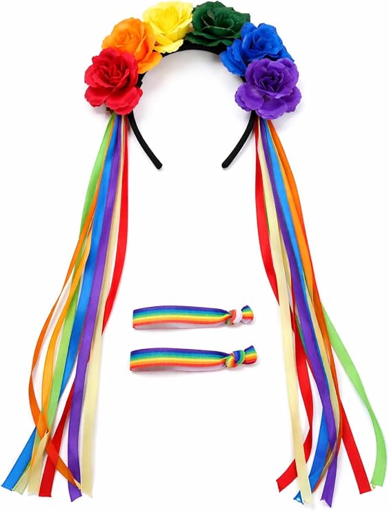 Oiomniv Rainbow Flower Headband Set with Ribbons and 2 Wristbands