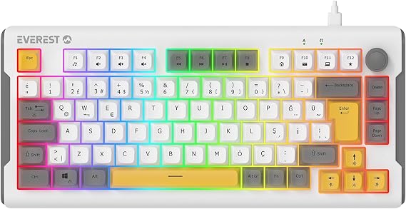 Everest KB-75 Smooth Beyaz/Gri/Sarı RGB aAydınlatmalı Q Membrane Oyuncu Klavyesi