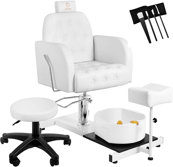 Reclining Pedicure Chair No Plumbing with Foot Massage Basin & Stool, Hydraulic Adjustable Pedicure Chair Station, 360 Rotation Beauty Spa Salon Unit Station - White