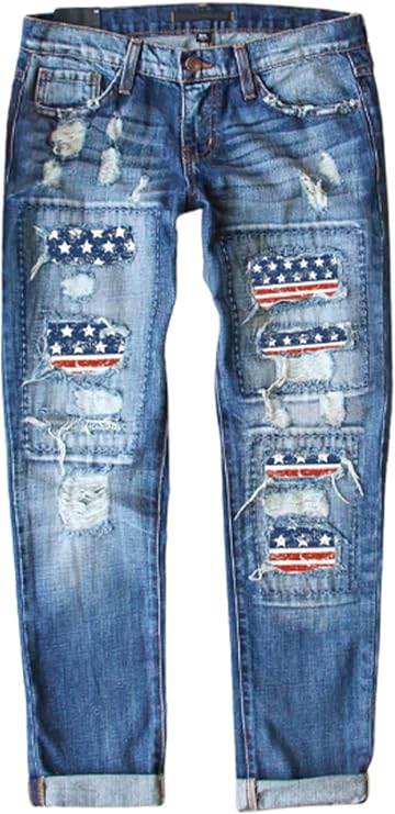 EVALESS Ripped Jeans for Women Plaid Patch Boyfriend Skinny Distressed Denim Jean Pants
