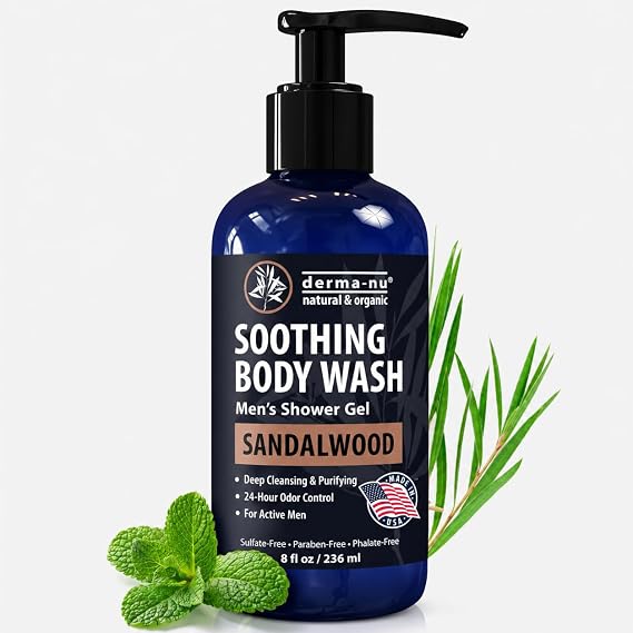 Derma-Nu Men's Body Wash, Bold and Woody Sandalwood Scent Body Wash for Men, Deep Cleansing Soap for Dry, Itchy and Acne Prone Skin, Tea Tree Eucalyptus and Peppermint, Safe for All Skin Types, 8oz