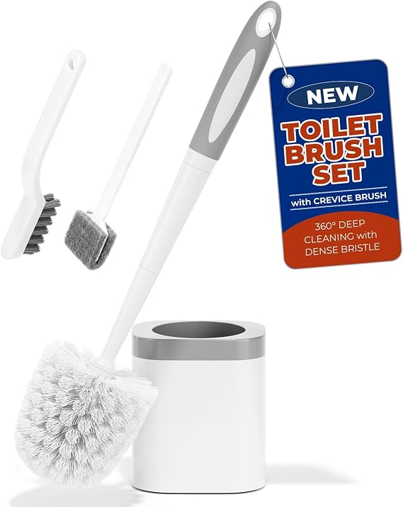 Holaloha Toilet Brush and Holder Set, Space Saving, White, 1 Pack | Bathroom Accessories, Ergonomic Silicone Handle, Dense Bristles, Deep Cleaning, Scrubber, Compact Design, with Crevice Brush