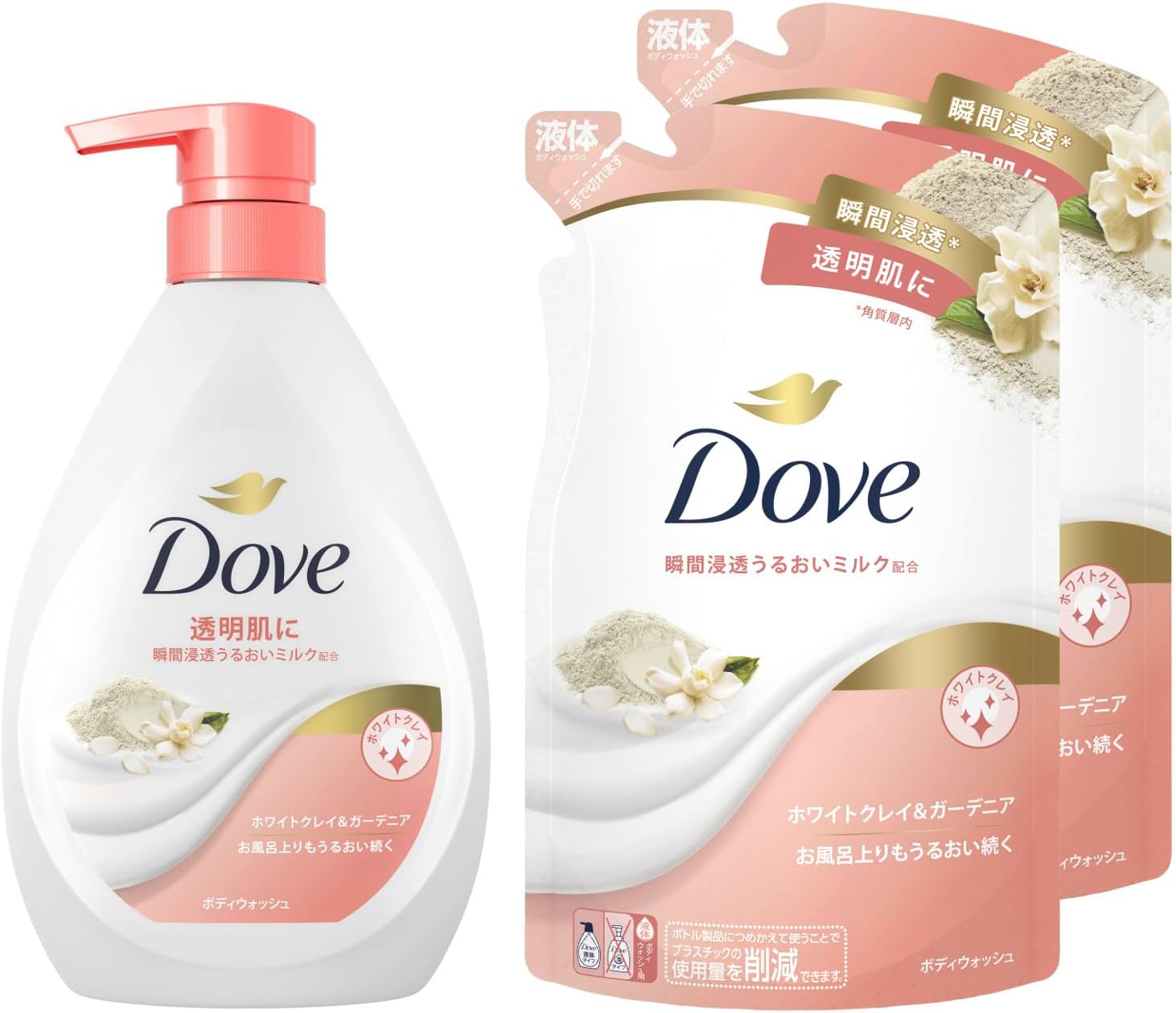 Dove Body Soap, White Clay & Gardenia Body Wash, Body  Refill, 16.5 oz 470 g  11.6 oz 330 g x 2 Packs