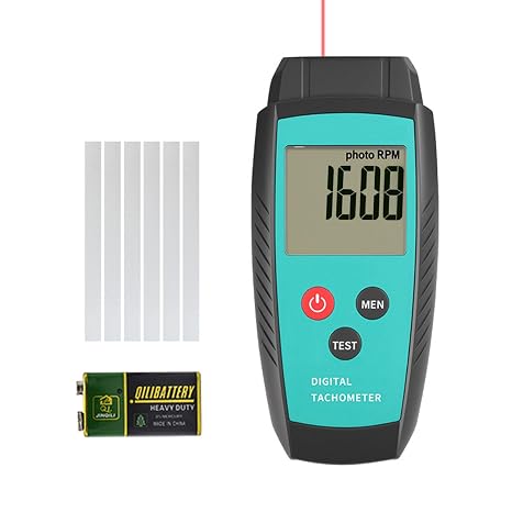 Non Contact RPM Tachometer with Large LCD Display for Precision RPM Measurement, 10 to 99,999 RPM Laser Photo Digital Tachometer RPM Gauge Meter with Reflection Tapes, MAX/MIN/LAST and Memory Function