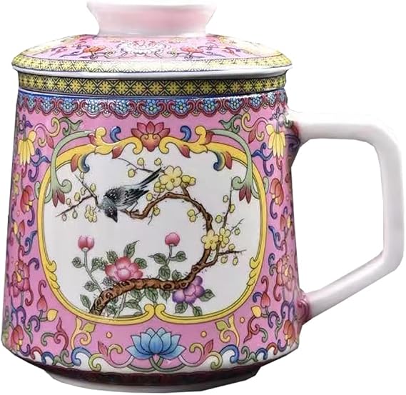 Ceramic Tea Cup with Infuser Basket and Lid, Steeps 13 oz(390ml) Loose Leaf Tea, Lid and Cup Dishwasher & Microwave Safe (pink)