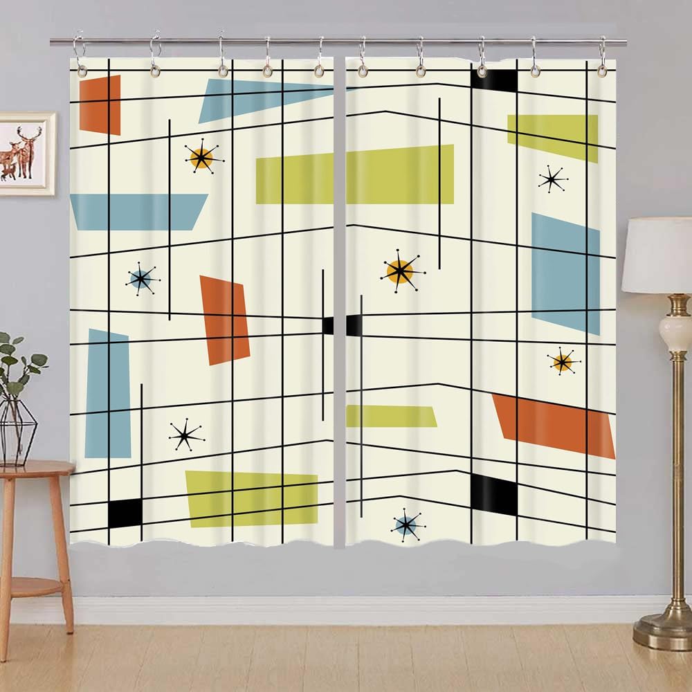DYNH Mid Century Curtains - Abstract Geometric Blue Retro Grid Starbursts 1950S 1960S Modern Kitchen Curtain Set with Hooks 42X63