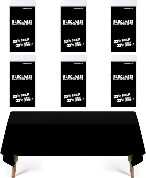 Eleclassi Black 6 Pack Premium Disposable Plastic Tablecloth 54 x 108 in - Plastic Table Cloth Disposable for Rectangle Table Up to 8 Feet - Black Rectangle Tablecloth