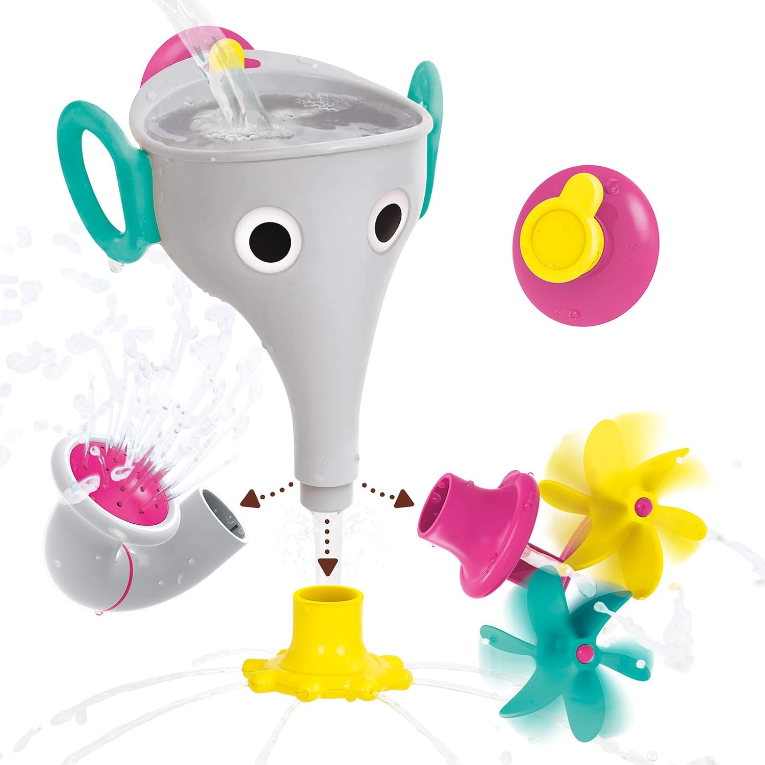 Yookidoo FunEleFun Fill 'N' Sprinkle Bath Toy - Elephant Trunk Funnel with 3 Interchangeable Attachments for Twisting Spraying & Spraying - Encourages STEM Learning (Grey)