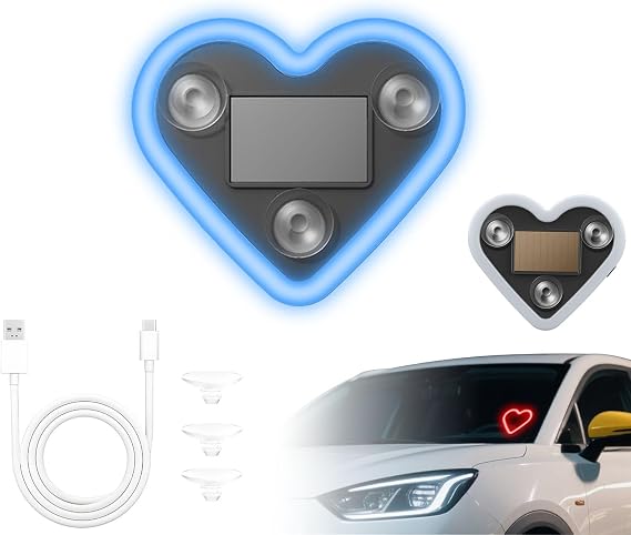 Solar Powered Wireless Led Heart Shape C-Pillar Neon Light,Solar Heart Light for Car Window, Car LED Ambient Light, 5 Lighting Modes, Romantic Valentine's Day, Anniversary Decor (Blue)