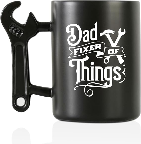 Onebttl Dad Gifts Coffee Mug with Wrench Spanner Handle, Gifts for Dad from Daughter and Son, 13.5oz Funny Ceramic Mug for Father on Birthday, Father's Day, Christmas - Fixer of Things
