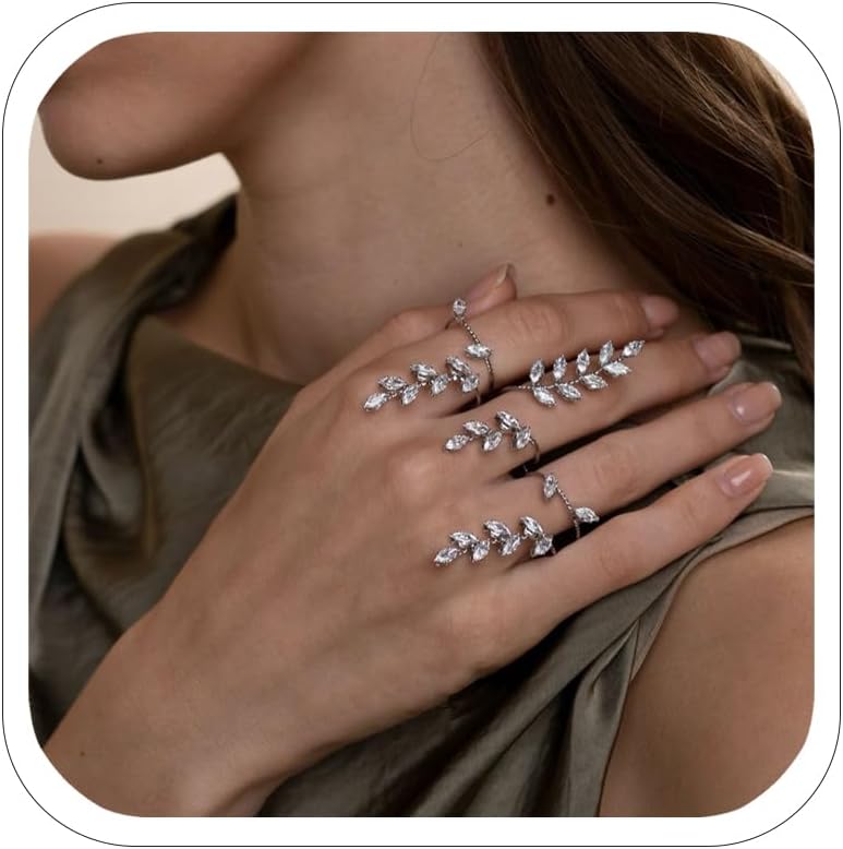Leaf Cubic Zirconia Hand Cuff For Women Adjustable Open Finger Ring Hand Cuff Bracelet Wedding Jewelry