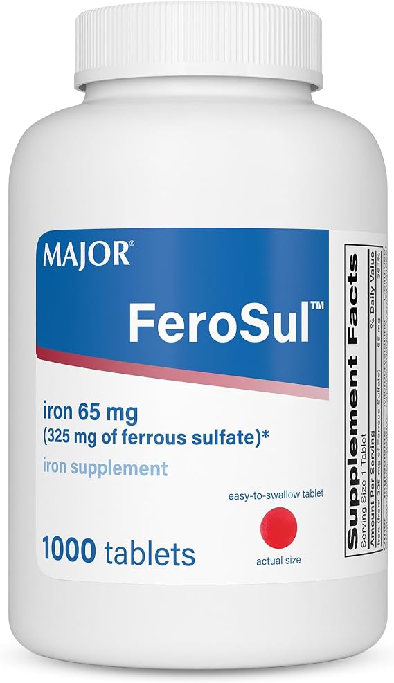 Major FeroSul - Ferrous Sulfate 325 mg Tablets - Iron Supplement for Women and Men - Specially Coated Easy-to-Swallow Tablets - Red - 1000 Count | Supports Blood Health, Energy Levels & Oxygen Transport, Easy-to-Swallow Red Coated Iron Tablets for Adults & Kids Over 12
