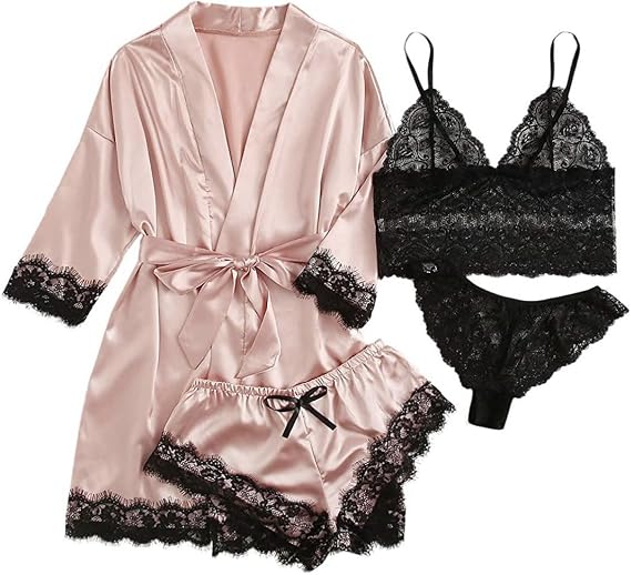 4Pcs Womens Lace Silk Pajamas Robes Set Pajamas Cami Shorts Satin Sleepwear Lace Loungewear Pjs