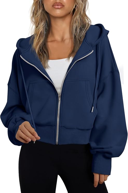 Trendy Queen Womens Zip Up Hoodies Cropped Jackets Fall Outfits 2026 | lightweight comfort material, slouchy drop shoulder, casual travel winter clothes with pockets, airport workout athletic