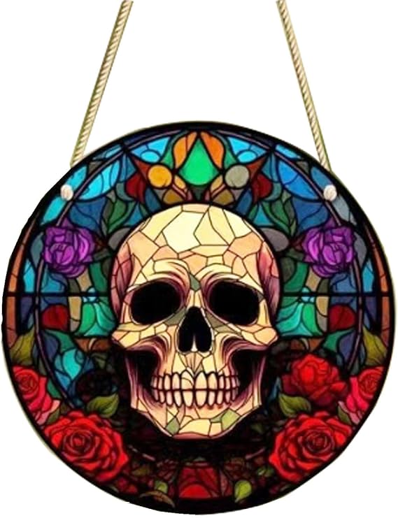 1PCS 6.3'' Skull Acrylic Window Hanging, Gothic Style Stained Glass Panels,Stained Panel Double Side Hanging Wall Art Decor for Home Office Festival Decoration