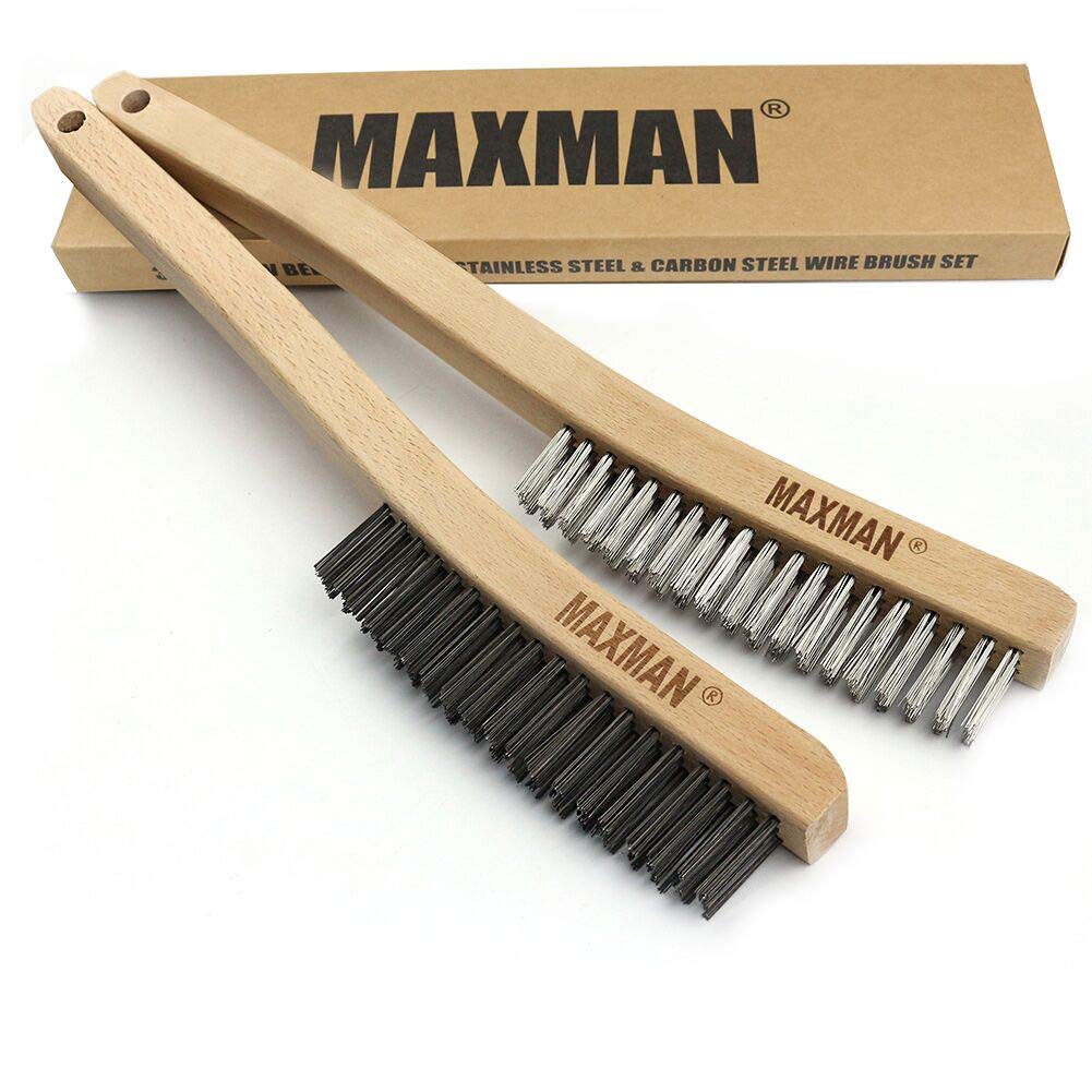 Wire Brush Set, Heavy Duty Carbon Steel and Stainless Steel Wire Scratch Brush for Cleaning Rust with 14 Long Curved Beechwood Handle, 2 Pieces, Large