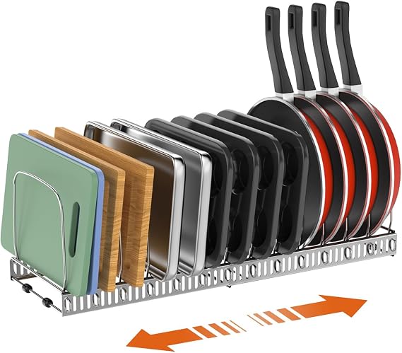Housolution Cutting Board Organizer Rack, Expandable Baking Tray and Cookie Sheet Organizer with 14 Adjustable Dividers, Bakeware Muffin Tin Cupcake Pan Storage Organizer for Cabinet, Silver