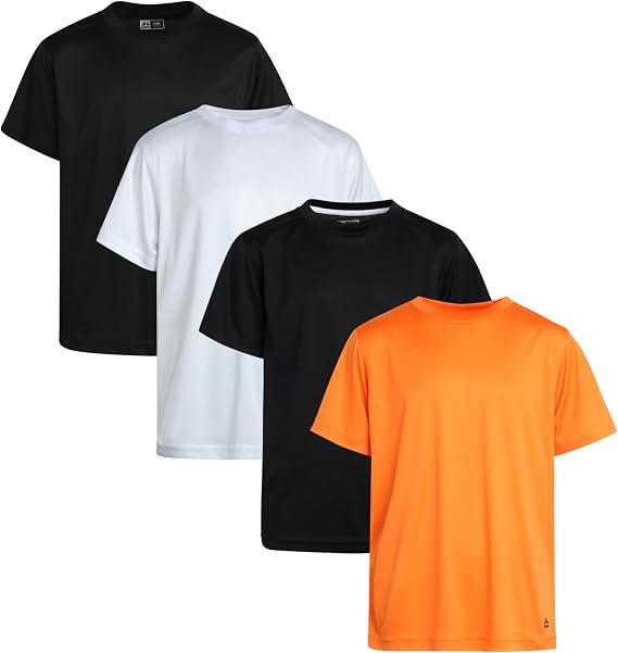 RBX Boys 4 Pack Short Sleeve Performance Athletic Shirts Plain Tees | Moisture Wicking Quick-Dry Fabric, Breathable Lightweight Stretch, Cool Comfortable Everyday Wear for Gym and Play