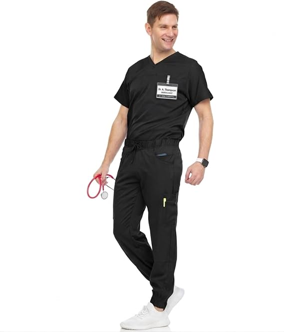 Medichic Men's Workwear Stretch V-Neck Scrub Joggers Set with Seven-Pocket Pants, Available in 6+ Colors