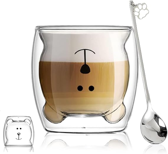 Binoster Cute Mugs Double Wall Glass Coffee Glass Cup Kawaii Bear Tea Milk Cup Funny Mug Animal Mug Aesthetic Cup for Office and Personal Birthday Gift (Happy bear)