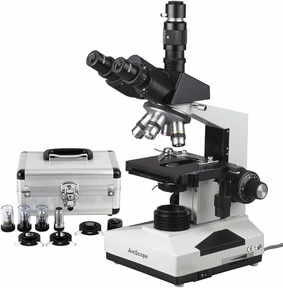 AmScope T490A-PCS Compound Trinocular Microscope, WF10x and WF16x Eyepieces, 40X-1600X Magnification, Brightfield, Halogen Illumination, Abbe Condenser, Double-Layer Mechanical Stage, Sliding Head, High-Resolution Optics, Includes 3 Phase-Contrast Objectives and Rings