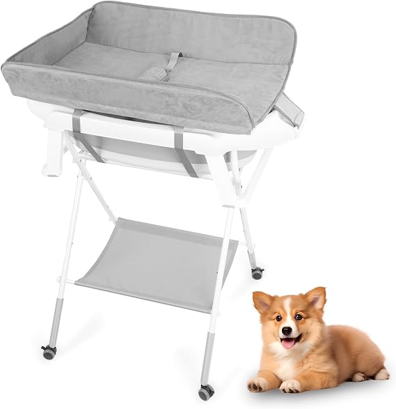 2 in 1 Dog Bathtub, Foldable Portable Pet Washing Station, Adjustable Height Grooming Tub with 3 Gear Adjustment, 4 Casters, Detachable Shower Tub for Small Dogs Cats, Indoor Outdoor Pet Bath Station