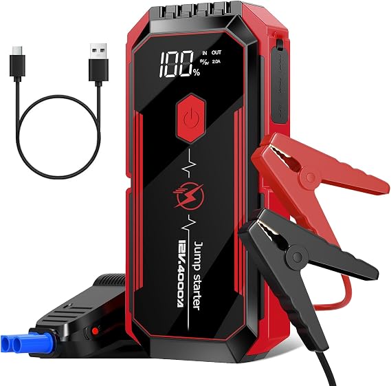 Car Battery Jump Starter 4000A: Battery Jumper Starter Portable with LED Flashlight, 12V Auto Jump Starter Battery Pack with Jumper Cables - Jump Box for All Gasoline & 10.0L Diesel Engines, Red