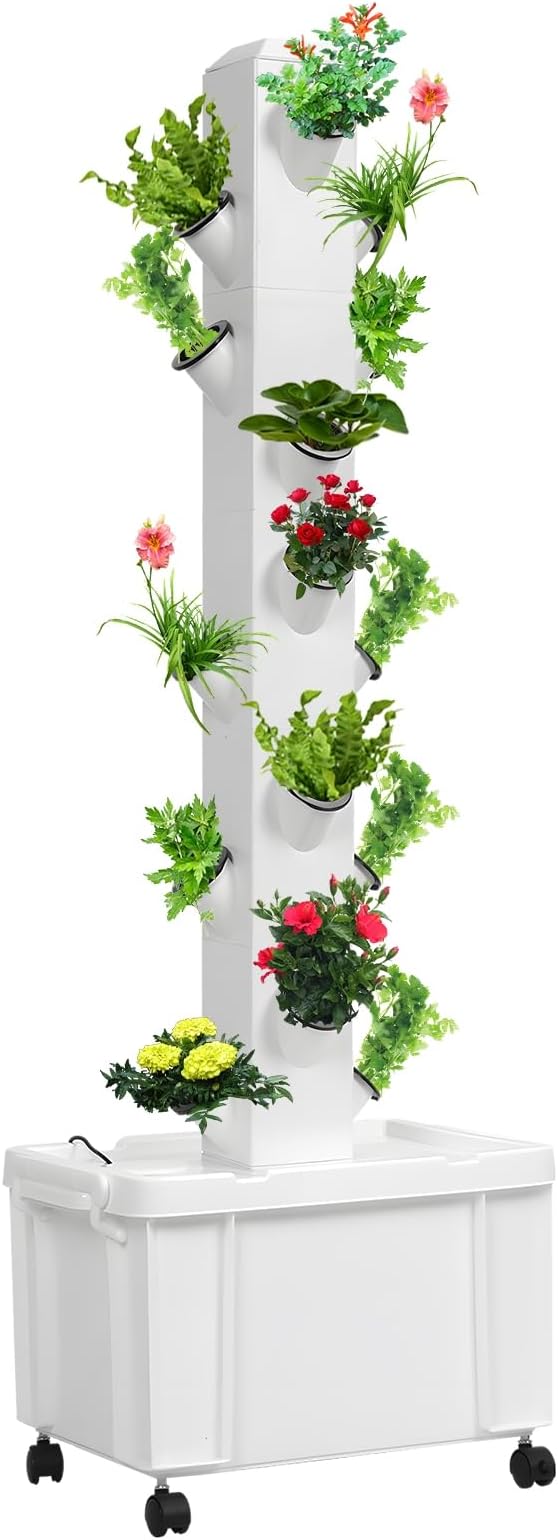 Movable Hydroponic Tower with Water Pump & Wheels, 20-Plants Vertical Planter Tower, Movable Hydroponic Growing System Kit, 5 Layers Herb Garden Planter Indoor Kit for Gardening Lover White 1